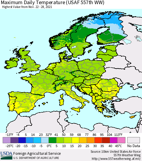 Europe Maximum Daily Temperature (USAF 557th WW) Thematic Map For 11/22/2021 - 11/28/2021