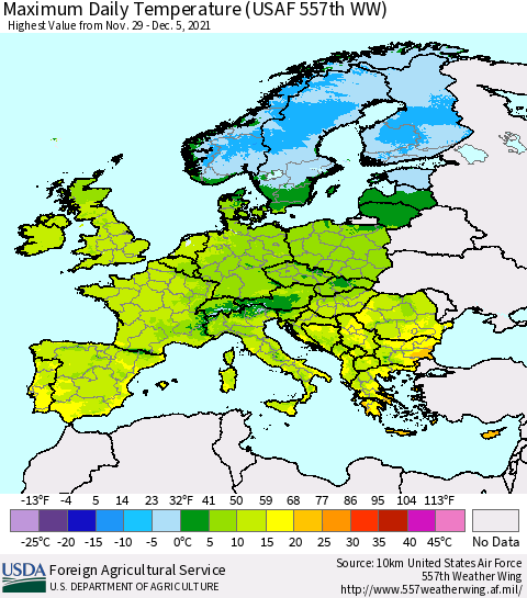 Europe Maximum Daily Temperature (USAF 557th WW) Thematic Map For 11/29/2021 - 12/5/2021