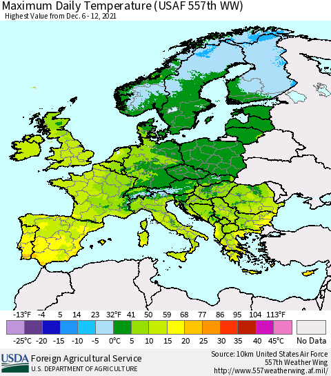 Europe Maximum Daily Temperature (USAF 557th WW) Thematic Map For 12/6/2021 - 12/12/2021