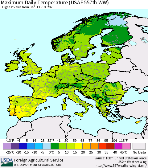 Europe Maximum Daily Temperature (USAF 557th WW) Thematic Map For 12/13/2021 - 12/19/2021