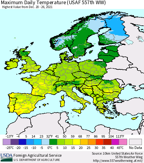 Europe Maximum Daily Temperature (USAF 557th WW) Thematic Map For 12/20/2021 - 12/26/2021