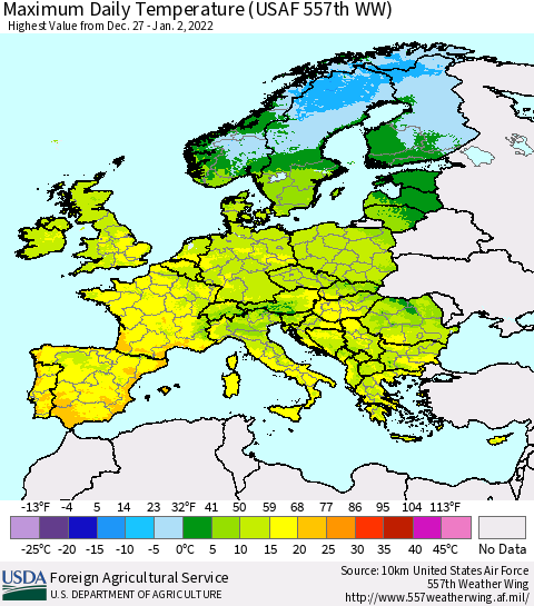 Europe Maximum Daily Temperature (USAF 557th WW) Thematic Map For 12/27/2021 - 1/2/2022