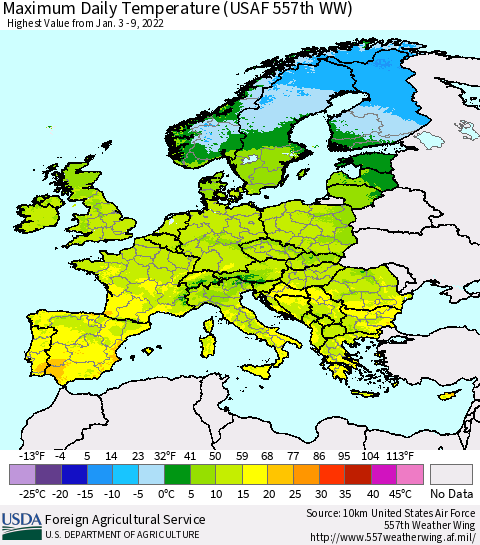 Europe Maximum Daily Temperature (USAF 557th WW) Thematic Map For 1/3/2022 - 1/9/2022
