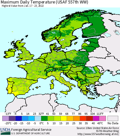 Europe Maximum Daily Temperature (USAF 557th WW) Thematic Map For 1/17/2022 - 1/23/2022