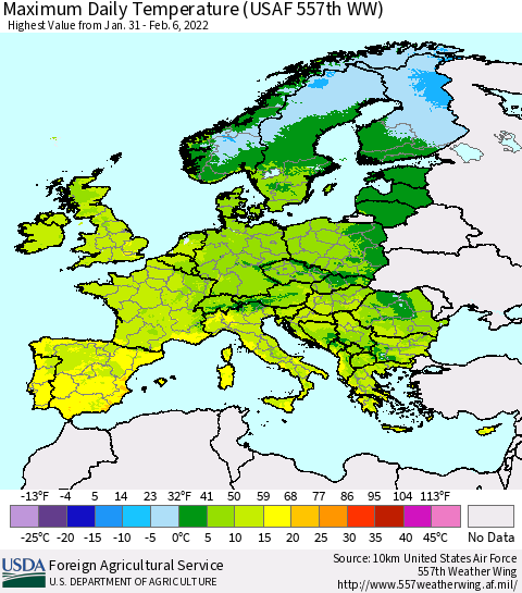 Europe Maximum Daily Temperature (USAF 557th WW) Thematic Map For 1/31/2022 - 2/6/2022