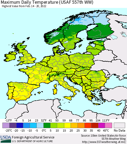 Europe Maximum Daily Temperature (USAF 557th WW) Thematic Map For 2/14/2022 - 2/20/2022