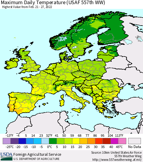 Europe Maximum Daily Temperature (USAF 557th WW) Thematic Map For 2/21/2022 - 2/27/2022
