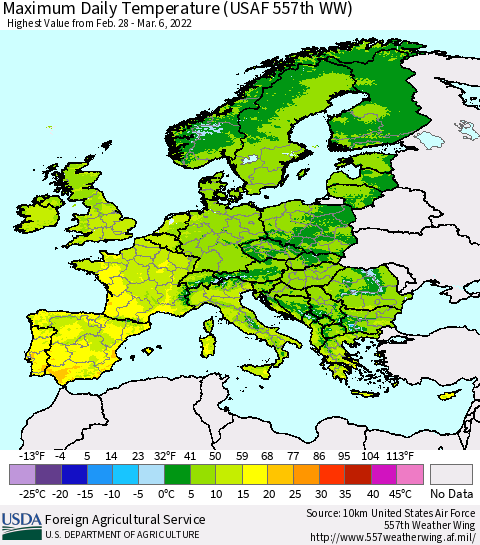 Europe Maximum Daily Temperature (USAF 557th WW) Thematic Map For 2/28/2022 - 3/6/2022