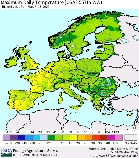 Europe Maximum Daily Temperature (USAF 557th WW) Thematic Map For 3/7/2022 - 3/13/2022