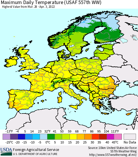 Europe Maximum Daily Temperature (USAF 557th WW) Thematic Map For 3/28/2022 - 4/3/2022