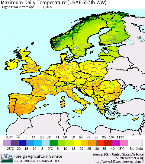 Europe Maximum Daily Temperature (USAF 557th WW) Thematic Map For 4/11/2022 - 4/17/2022