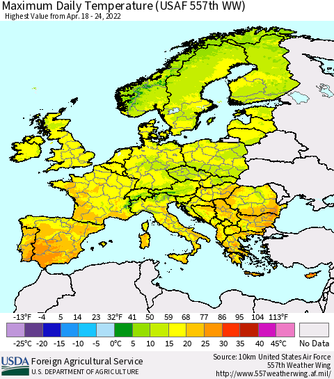 Europe Maximum Daily Temperature (USAF 557th WW) Thematic Map For 4/18/2022 - 4/24/2022