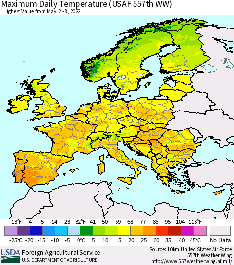 Europe Maximum Daily Temperature (USAF 557th WW) Thematic Map For 5/2/2022 - 5/8/2022