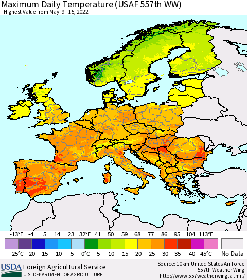 Europe Maximum Daily Temperature (USAF 557th WW) Thematic Map For 5/9/2022 - 5/15/2022