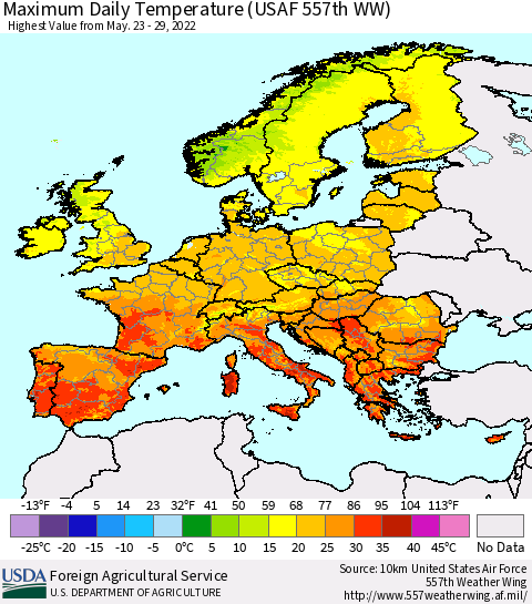 Europe Maximum Daily Temperature (USAF 557th WW) Thematic Map For 5/23/2022 - 5/29/2022