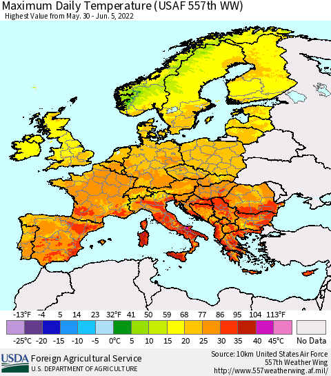 Europe Maximum Daily Temperature (USAF 557th WW) Thematic Map For 5/30/2022 - 6/5/2022
