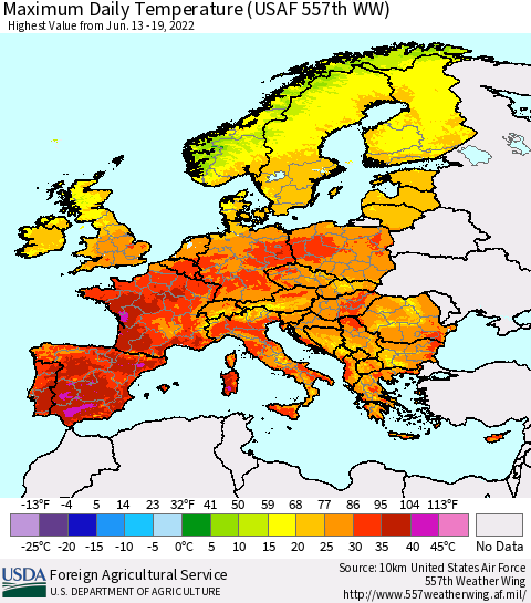 Europe Maximum Daily Temperature (USAF 557th WW) Thematic Map For 6/13/2022 - 6/19/2022