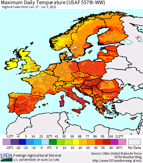 Europe Maximum Daily Temperature (USAF 557th WW) Thematic Map For 6/27/2022 - 7/3/2022