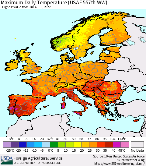 Europe Maximum Daily Temperature (USAF 557th WW) Thematic Map For 7/4/2022 - 7/10/2022