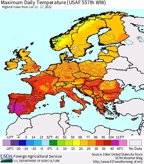 Europe Maximum Daily Temperature (USAF 557th WW) Thematic Map For 7/11/2022 - 7/17/2022