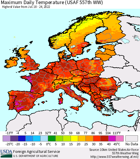 Europe Maximum Daily Temperature (USAF 557th WW) Thematic Map For 7/18/2022 - 7/24/2022