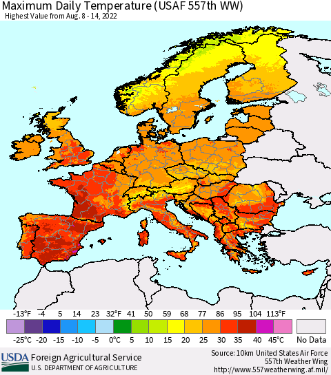 Europe Maximum Daily Temperature (USAF 557th WW) Thematic Map For 8/8/2022 - 8/14/2022