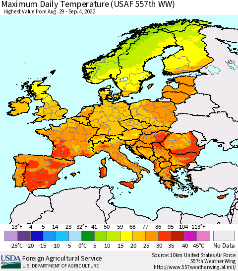 Europe Maximum Daily Temperature (USAF 557th WW) Thematic Map For 8/29/2022 - 9/4/2022
