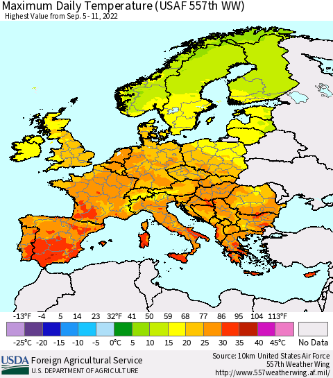 Europe Maximum Daily Temperature (USAF 557th WW) Thematic Map For 9/5/2022 - 9/11/2022