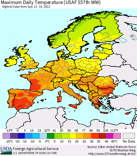 Europe Maximum Daily Temperature (USAF 557th WW) Thematic Map For 9/12/2022 - 9/18/2022