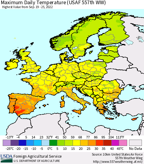 Europe Maximum Daily Temperature (USAF 557th WW) Thematic Map For 9/19/2022 - 9/25/2022
