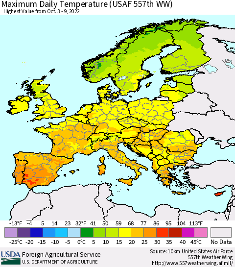 Europe Maximum Daily Temperature (USAF 557th WW) Thematic Map For 10/3/2022 - 10/9/2022