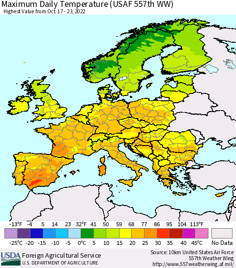 Europe Maximum Daily Temperature (USAF 557th WW) Thematic Map For 10/17/2022 - 10/23/2022