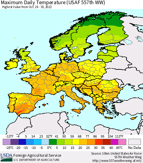 Europe Maximum Daily Temperature (USAF 557th WW) Thematic Map For 10/24/2022 - 10/30/2022