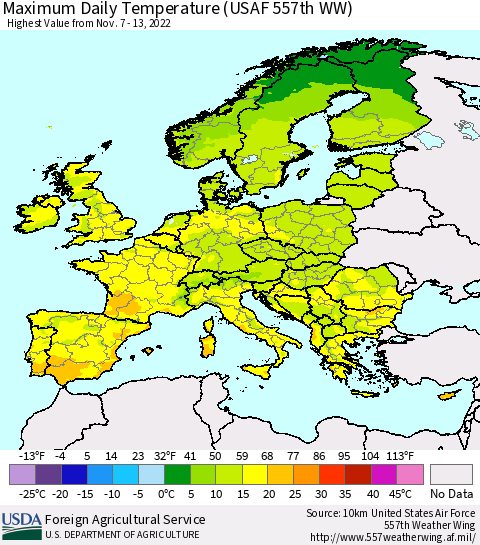 Europe Maximum Daily Temperature (USAF 557th WW) Thematic Map For 11/7/2022 - 11/13/2022