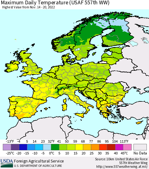 Europe Maximum Daily Temperature (USAF 557th WW) Thematic Map For 11/14/2022 - 11/20/2022