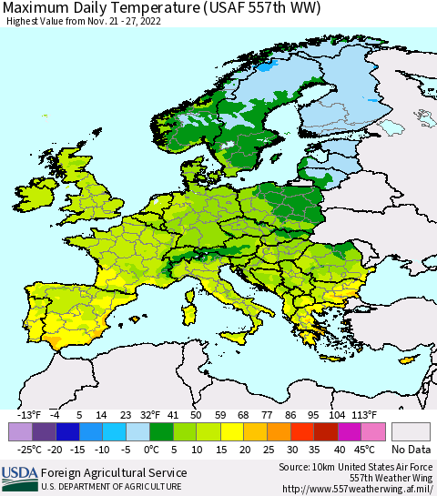 Europe Maximum Daily Temperature (USAF 557th WW) Thematic Map For 11/21/2022 - 11/27/2022