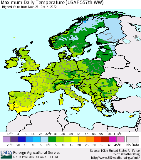 Europe Maximum Daily Temperature (USAF 557th WW) Thematic Map For 11/28/2022 - 12/4/2022