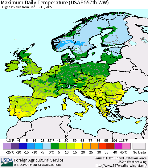 Europe Maximum Daily Temperature (USAF 557th WW) Thematic Map For 12/5/2022 - 12/11/2022