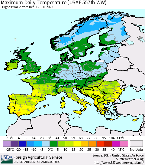 Europe Maximum Daily Temperature (USAF 557th WW) Thematic Map For 12/12/2022 - 12/18/2022