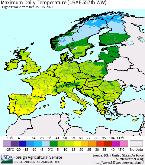 Europe Maximum Daily Temperature (USAF 557th WW) Thematic Map For 12/19/2022 - 12/25/2022