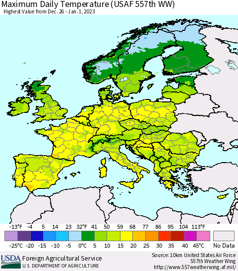 Europe Maximum Daily Temperature (USAF 557th WW) Thematic Map For 12/26/2022 - 1/1/2023