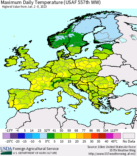 Europe Maximum Daily Temperature (USAF 557th WW) Thematic Map For 1/2/2023 - 1/8/2023