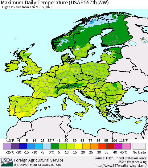 Europe Maximum Daily Temperature (USAF 557th WW) Thematic Map For 1/9/2023 - 1/15/2023