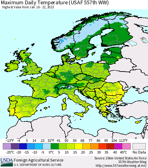 Europe Maximum Daily Temperature (USAF 557th WW) Thematic Map For 1/16/2023 - 1/22/2023