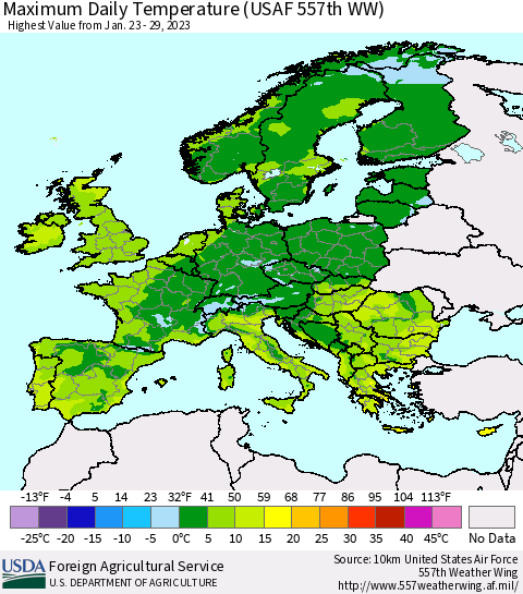 Europe Maximum Daily Temperature (USAF 557th WW) Thematic Map For 1/23/2023 - 1/29/2023