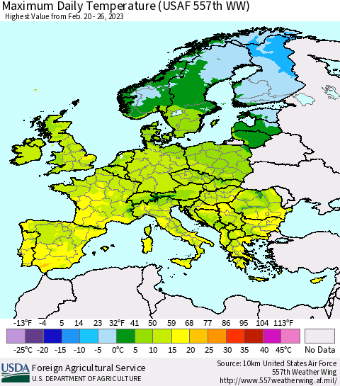Europe Maximum Daily Temperature (USAF 557th WW) Thematic Map For 2/20/2023 - 2/26/2023
