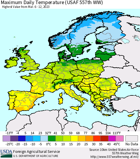 Europe Maximum Daily Temperature (USAF 557th WW) Thematic Map For 3/6/2023 - 3/12/2023