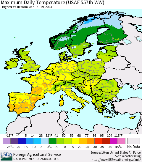 Europe Maximum Daily Temperature (USAF 557th WW) Thematic Map For 3/13/2023 - 3/19/2023