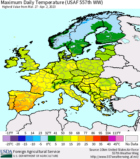 Europe Maximum Daily Temperature (USAF 557th WW) Thematic Map For 3/27/2023 - 4/2/2023