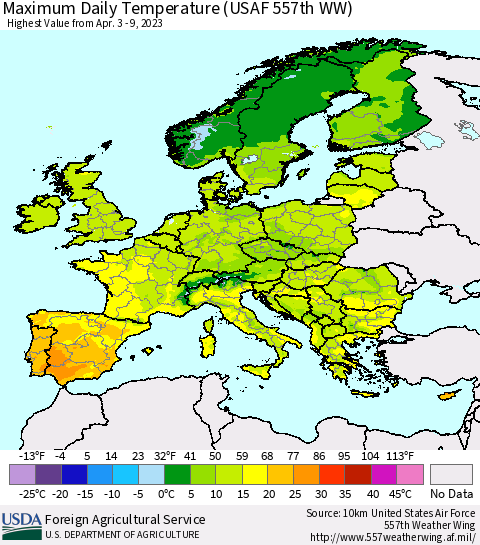 Europe Maximum Daily Temperature (USAF 557th WW) Thematic Map For 4/3/2023 - 4/9/2023